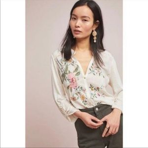 Anthropologie Tiny Edens Floral Embroidered Button Down Blouse